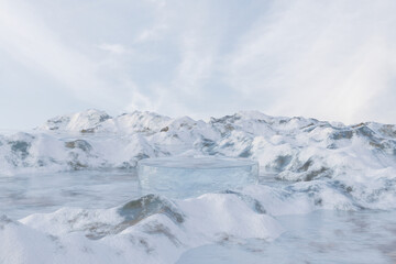 Wall Mural - 3d render platform background and empty round stage, Ice podium on the frozen lake with ice snow mountain in winter for product stand display, advertising cosmetic, products, skincare or etc