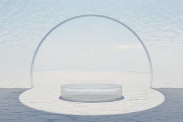 Wall Mural - abstact 3d render winter scene and natural background, ice podium on the snow ground, backdrop ice a
