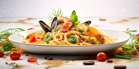 Wall Mural - salad with shrimps.Delicious Spaghetti with Tomato Sauce and Shrimps Salad by the Sea