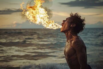 Wall Mural - A person stands on the beach, engulfed in flames from their mouth