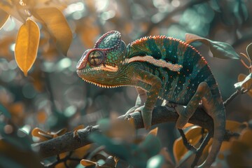 Wall Mural - A chameleon sits quietly on a branch in a tree, waiting for prey or basking in the sun