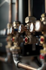 Poster - Close-up shot of multiple pipes with various gauges and instruments installed, suitable for industrial or technical context