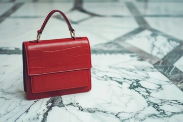 Wall Mural - A small, vibrant red purse sits alone on a clean and polished marble floor
