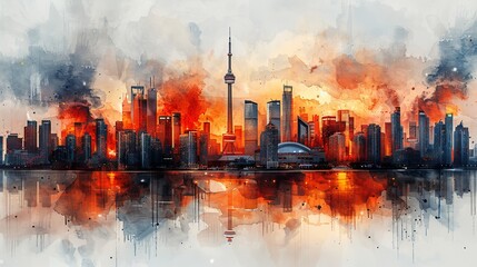 Wall Mural - A city skyline with a large red building in the middle