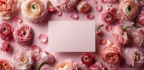 Wall Mural - Pink and White Ranunculus Flowers Surrounding a Blank Card