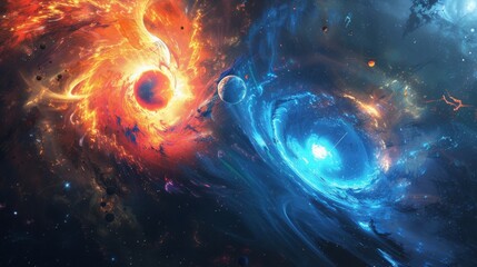 A colorful galaxy with two spiral arms, one blue and one orange