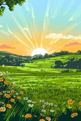 A cartoon drawing of a field with a sun in the sky