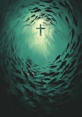 Canvas Print - A painting of a cross in the middle of a school of fish