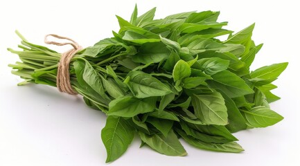 Wall Mural - Fresh Green Basil Sprigs Tied With Twine on White Background