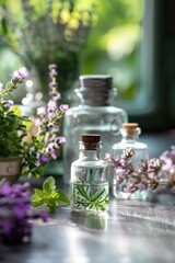 A table topped with bottles filled with different types of flowers