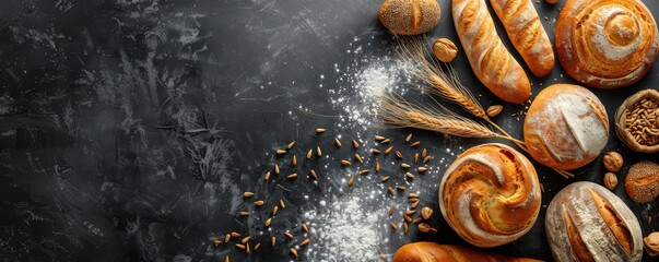Freshly Baked Bread and Wheat Sprays on Black Background