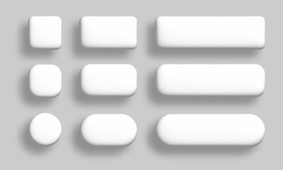 White 3d buttons set. Vector realistic UI UX design elements set