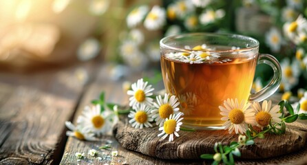 Canvas Print - A Cup of Chamomile Tea on a Rustic Wooden Table