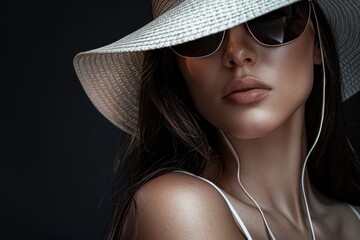 Wall Mural - A woman wears a white hat and sunglasses in the sun