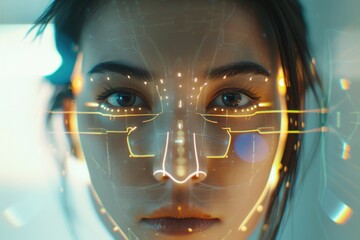 Poster - A close-up shot of a woman's face with a futuristic look, suitable for sci-fi or tech-related contexts