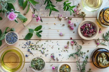 Poster - A wooden table with various herbs displayed in bowls, ideal for use in still life photography, food styling or as a prop in hospitality settings