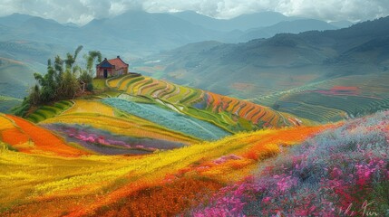 Wall Mural - A colorful field with a house in the middle