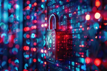 Poster - A padlock on a computer screen surrounded by colorful lights, useful for illustrations about technology and cybersecurity