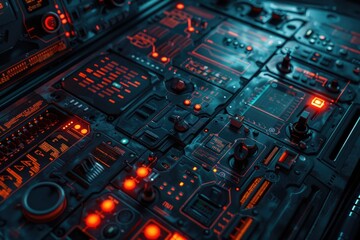 Poster - A close-up view of a control panel with red warning lights illuminated