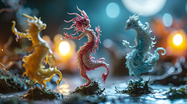 Three dragon figurines standing in front of candles.