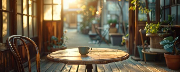 Cozy outdoor cafe setting bathed in soft morning sunlight featuring wooden table and chair, surrounded by plants and charming decor.