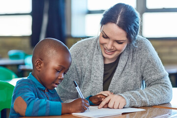 Poster - Happy teacher, woman and help kid writing in notebook for education, studying or knowledge in class. Child, educator and student learning in lesson for development or support at kindergarten school