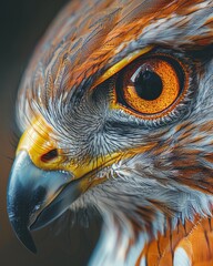 Wall Mural - A close up of a bird's face with a yellow beak and orange eyes