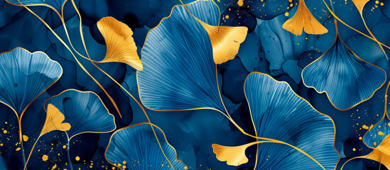 Wall Mural - ginkgo leaf pattern and golden line art on blue minimalism texture background