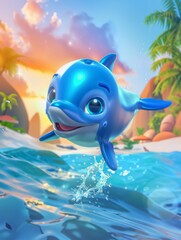 Poster - A cartoonish blue dolphin is jumping out of the water