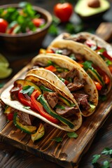Wall Mural - A wooden cutting board topped with three tacos filled with beef fajita, zucchini, and bell pepper