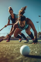 Wall Mural - Two women engaged in a game of field hockey on a grassy surface
