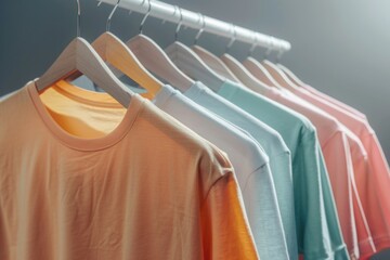 Wall Mural - A row of colorful t-shirts hanging on a clothes rack, ideal for fashion or lifestyle use