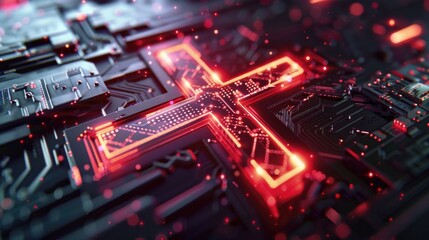 Poster - a close-up of a computer circuit board with a glowing cross component, ideal for technology and inno
