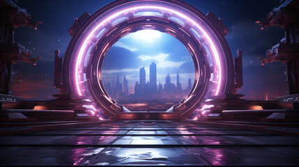 Canvas Print - abstract neon matrix technological stage, cyberpunk future 3d concept illustration