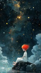 Wall Mural - a young girl is looking up at the sky, which is filled with stars