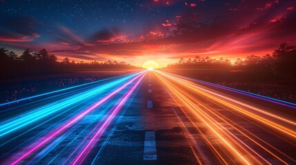 Canvas Print - Futuristic abstract background with neon light trails and speed lines.