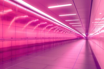 Wall Mural - A long hallway with pink walls and soft lighting