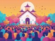 © KanitChurem - Vibrant illustration of a large crowd gathered outside a temple during sunset, showcasing cultural and spiritual unity.