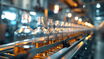 A row of transparent glass bottles on a production line, illuminated by warm industrial lights, showcasing the efficiency and beauty of modern manufacturing