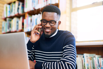 Poster - Black man, smile and laptop with phone call in library for university website, results and communication. Happy, student and technology with discussion for education, online information and planning