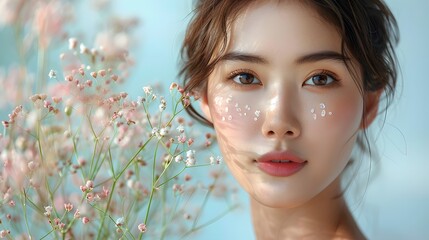 An Asian woman with flawless skin applying natural skin care products, set against a minimalist spa background, highlighting a holistic approach to beauty. List of Art Media: Photography, Minimalist,