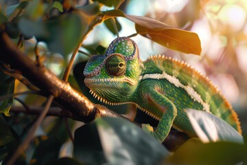 Wall Mural - A green chameleon sitting on a branch, looking around