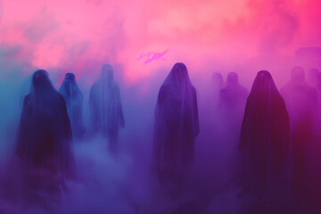 A haunting scene of hooded figures emerging from a colorful fog, blending eerie mystery with vibrant hues, creating a surreal and chilling atmosphere