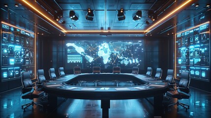 A futuristic conference room where AI algorithms analyze meeting dynamics to suggest agenda items and discussion topics
