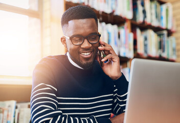 Poster - Black man, smile and laptop with phone call in library for university website, communication and planning. Happy, student and technology with discussion for education, online results or information