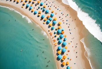 Wall Mural - Aerial view of the beach filled with people who also bathe in the sea that surrounds the beach on both sides