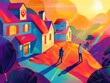 © KanitChurem - Colorful illustration of two people in a vibrant landscape of houses and hills, depicted with vivid colors in a sunset scene.