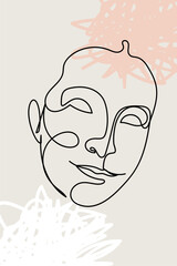 Wall Mural - Card or poster with one single line drawing of female face and abstract shapes. Monochrome minimalist portrait. Modern trendy fashion sketch of woman head