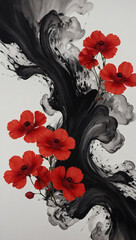 Wall Mural - Abstract Chinese ink painting, Red flowers, black waves