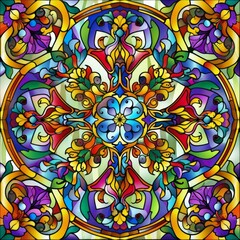 Sticker - A colorful stained glass design with a flower in the center